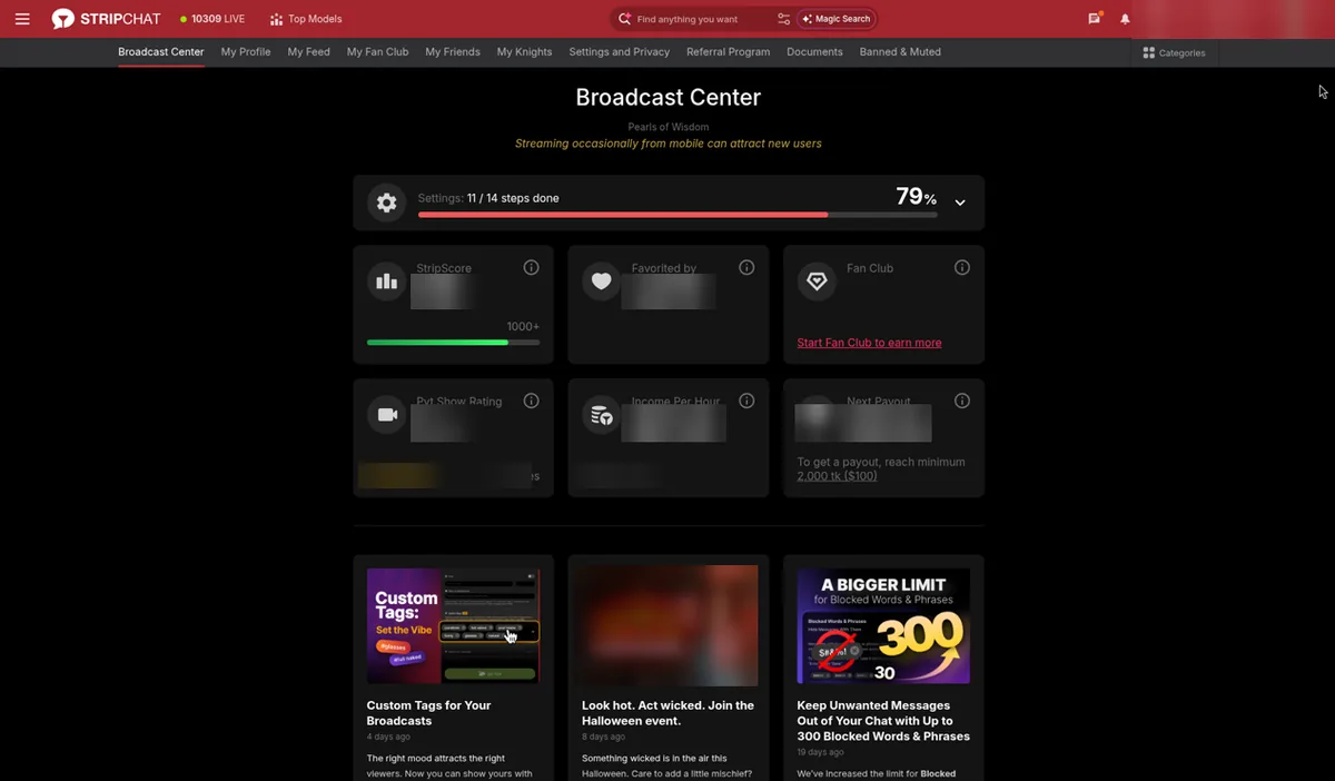 Stripchat Broadcast Center dashboard with setup progress bar and StripScore, Favorited by, Fan Club, Private Show Rating, Income Per Hour and Next Payout cards (values hidden)
