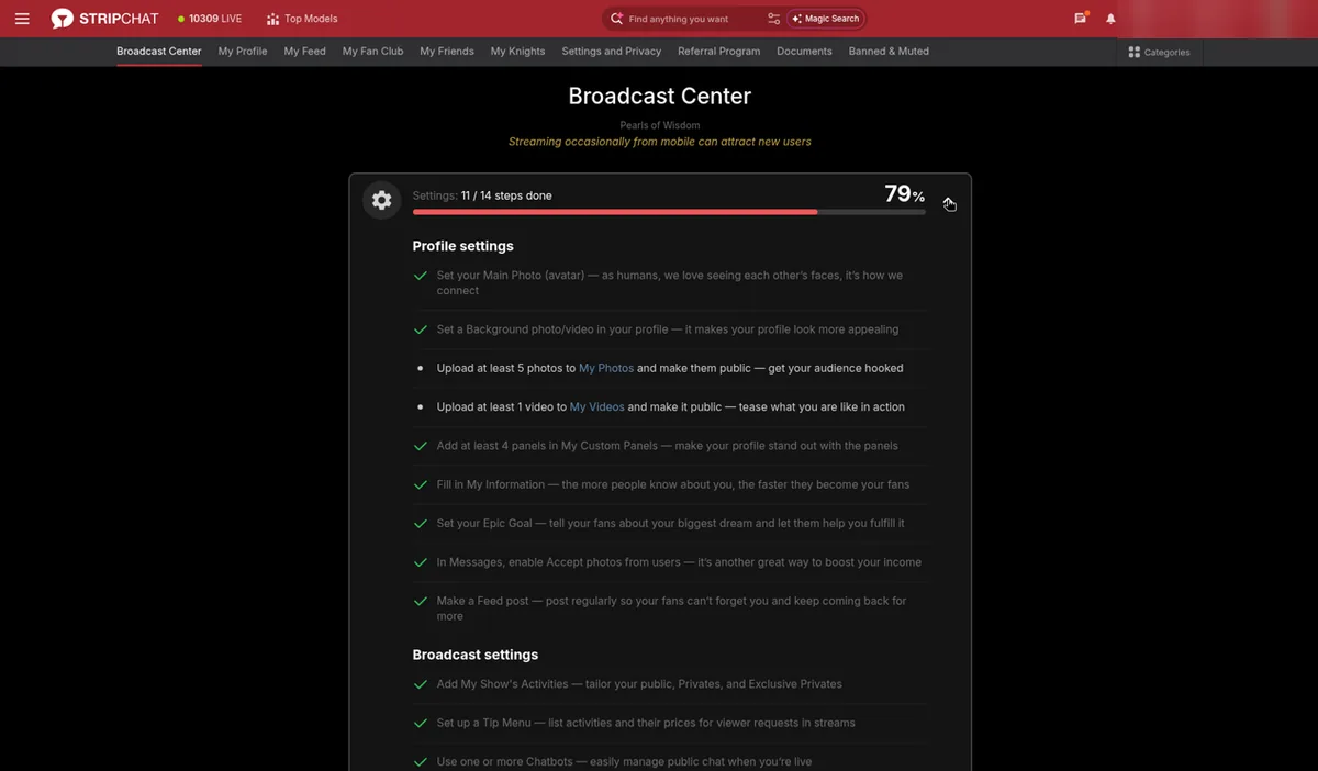 Stripchat Broadcast Center setup checklist listing profile and broadcast settings steps