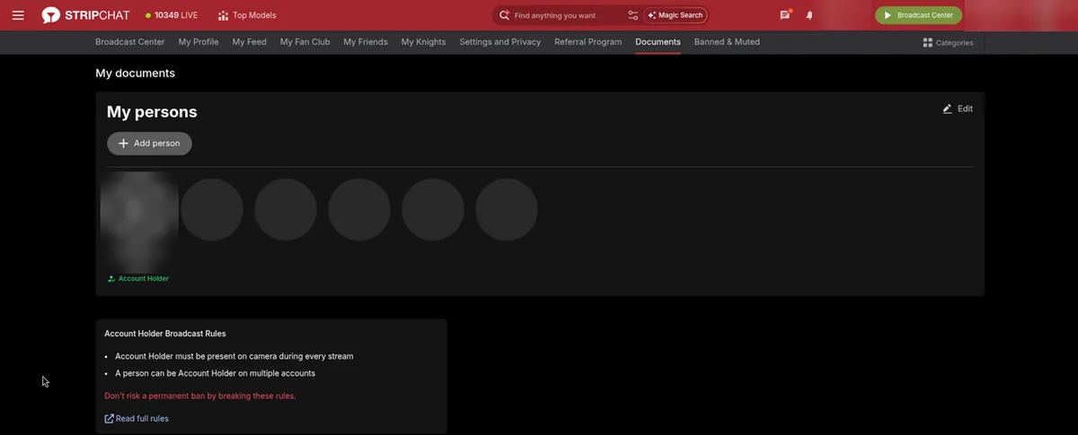 Stripchat My documents page with My persons and Account Holder broadcast rules (person details hidden)